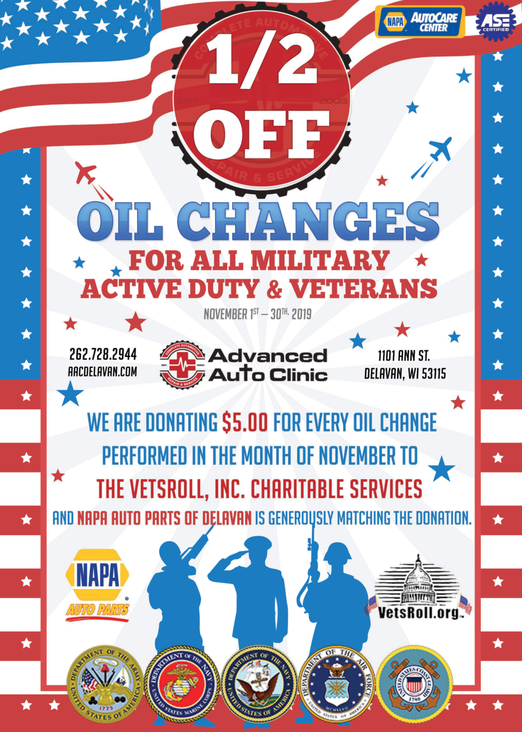 1/2 Off Oil Changes For All Military Active Duty & Veterans / 11.01.19