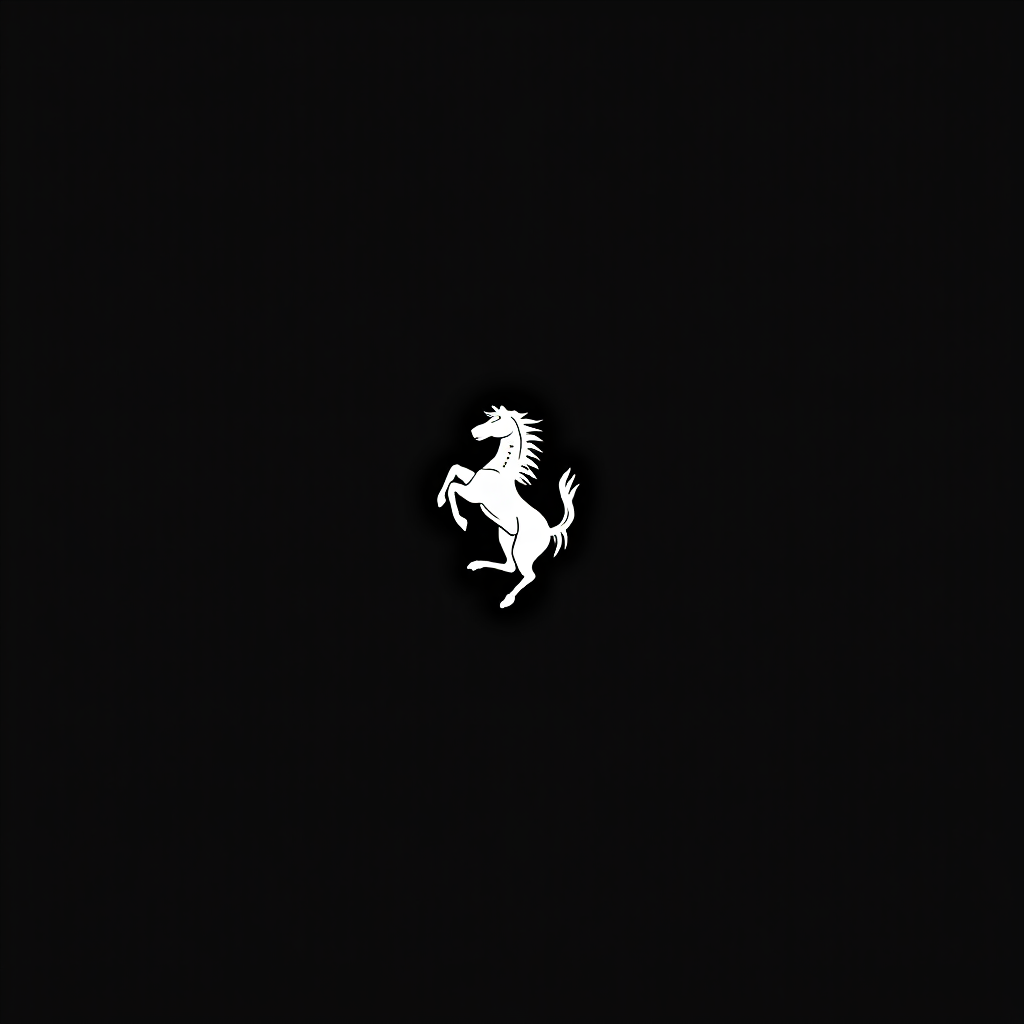 White prancing horse logo on black background