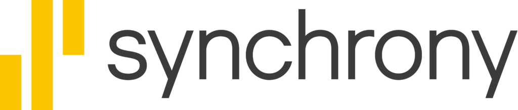 Synchrony logo with yellow bars and black text.