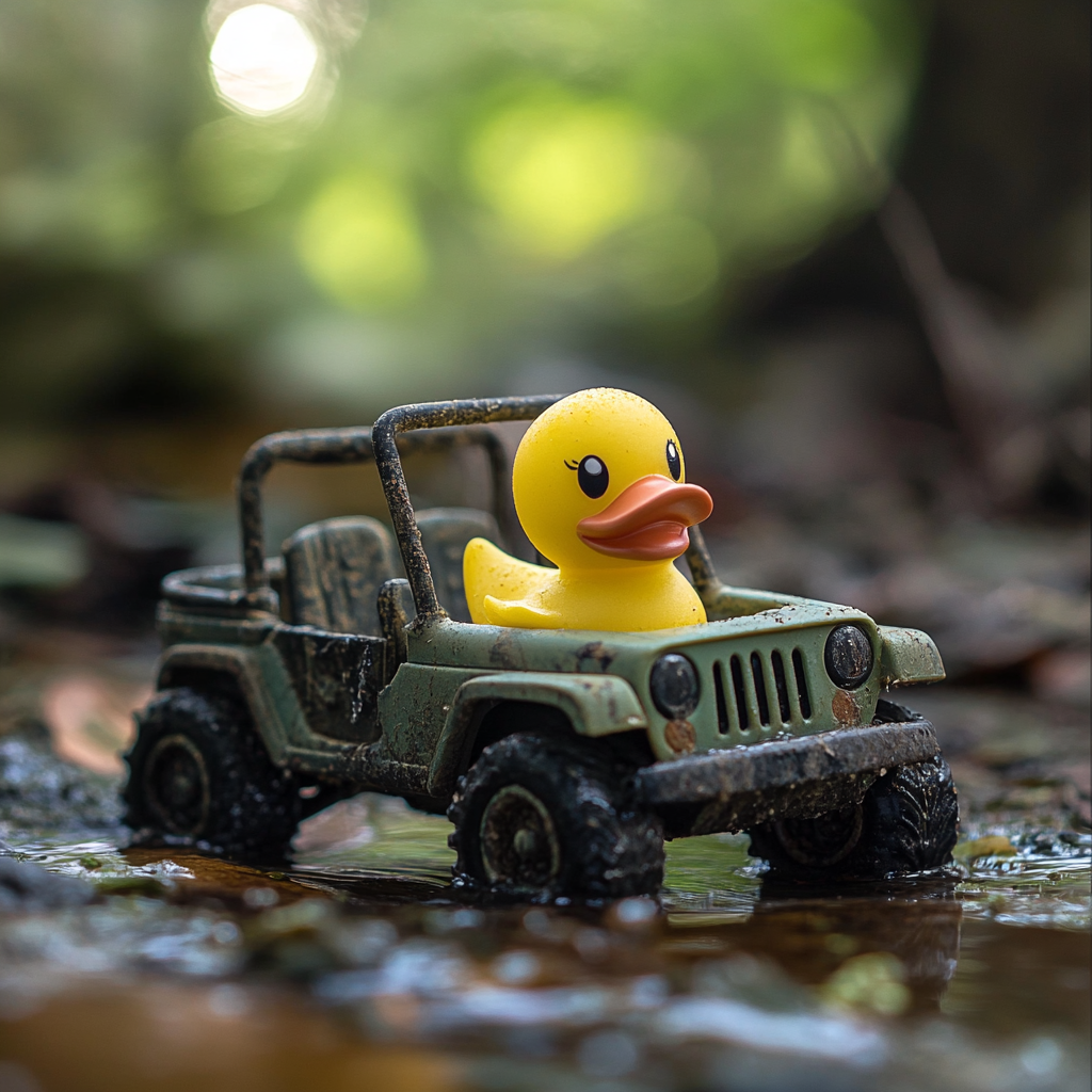 Toy duck in a mini jeep outdoors.