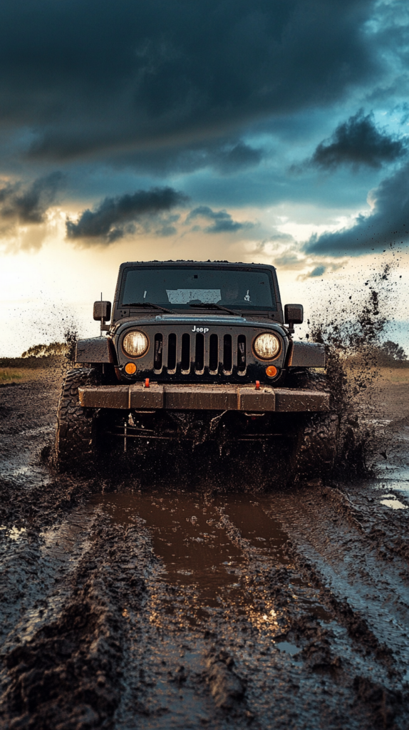 Off-road vehicle driving through muddy terrain.