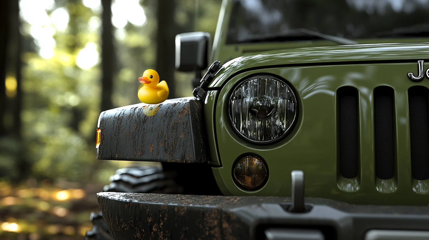 Rubber duck on jeep fender in forest