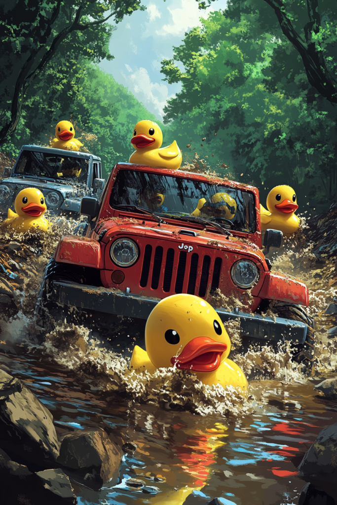 Rubber ducks on jeeps driving through muddy water.
