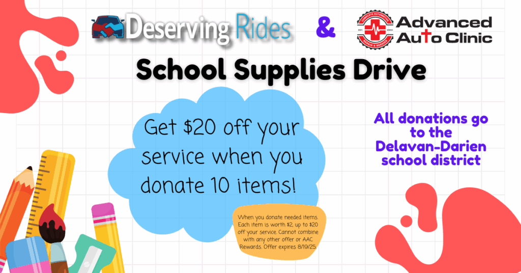 School Supplies Drive: Donate items for service discount.