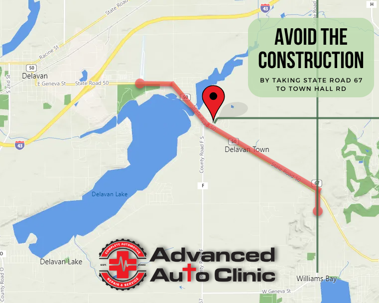 Map showing detour around Delavan construction area.